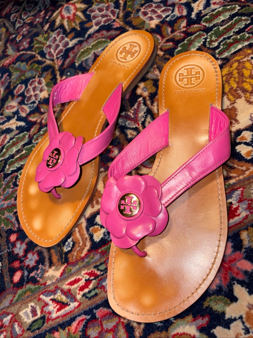 Tory Burch Pink Leather Breeley Floral Flip Flop Sandals 10 M - Picture 3 of 5